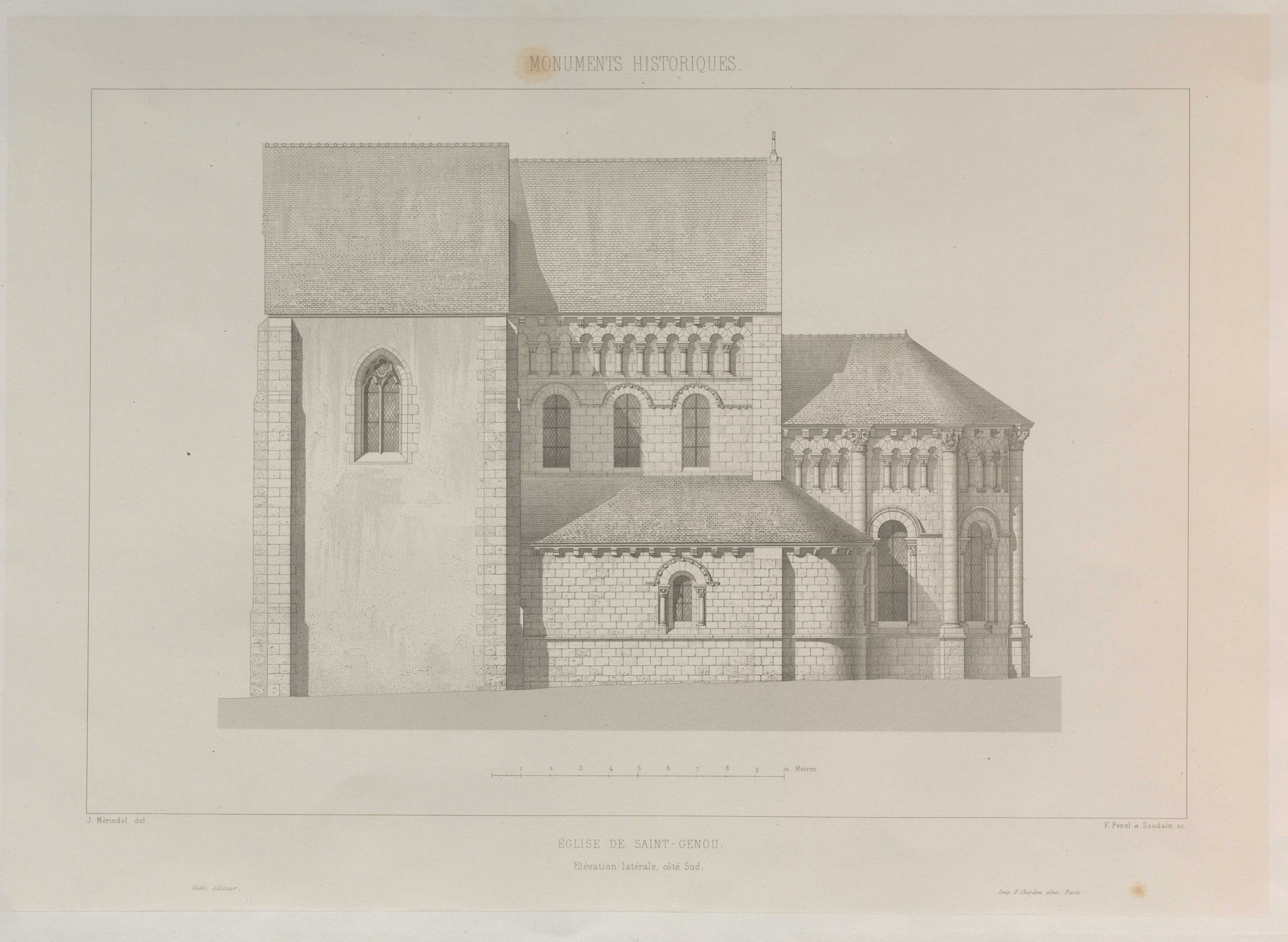 Jules de Mérindol (del.), Penel et Soudain (sc.), "Commune de St Genou, élévation latérale, côté sud", 3 Fi 2