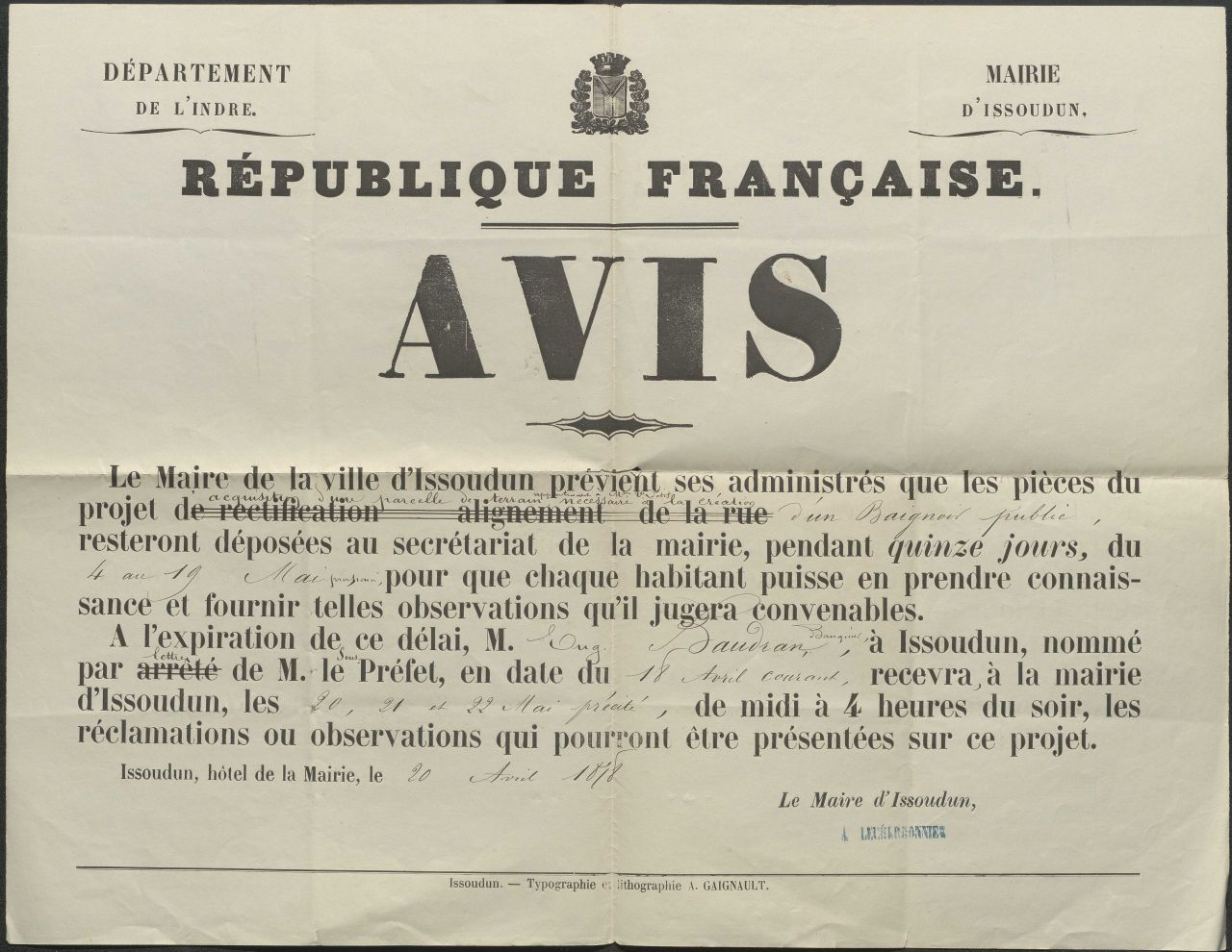 "République française. Avis [pour l’établissement d’un baignoir public]" / signé : Alexandre Lecherbonnier, maire d’Issoudun